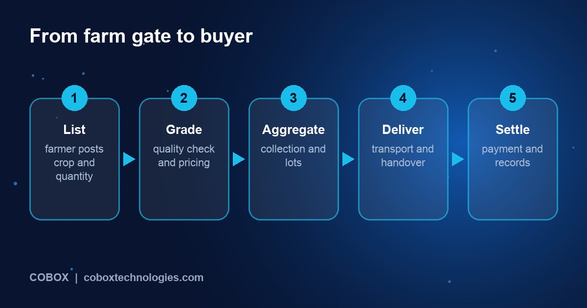Five-step agritech supply chain workflow: listing, quality check, aggregation, delivery, settlement